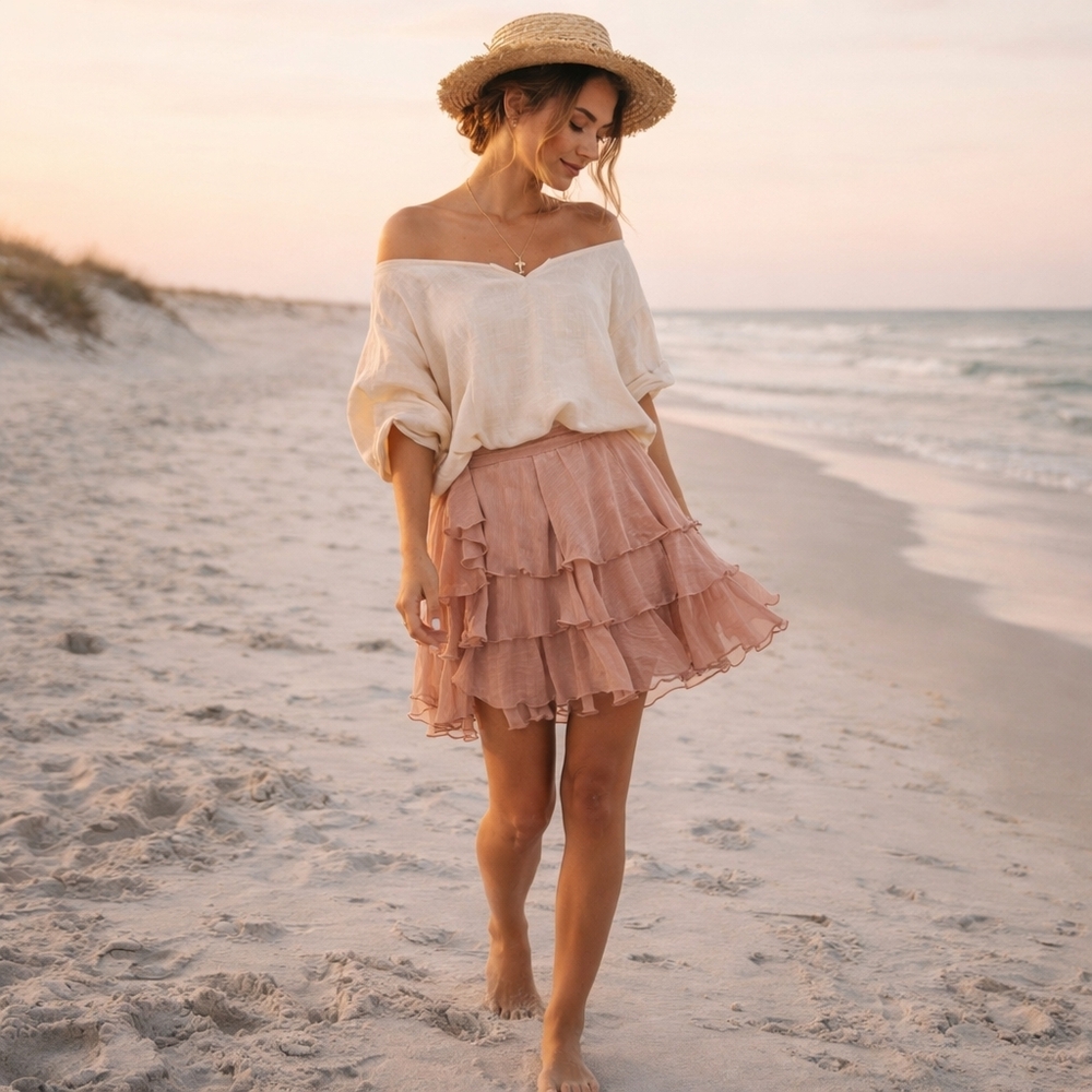 Missguided Dusty Rose Ruffle Mini Skirt Boho Flowy Layered Chiffon SZ Large